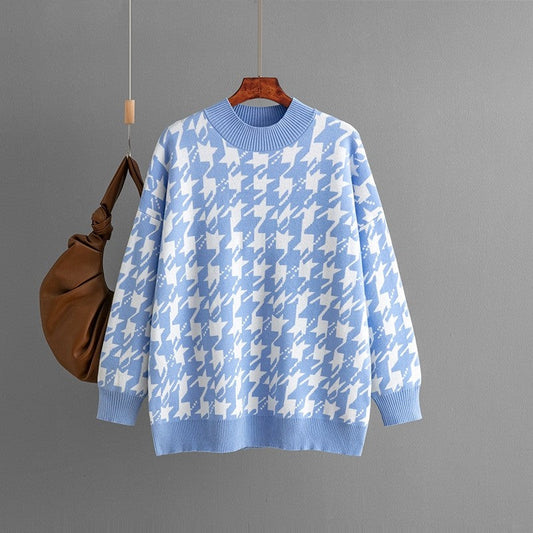 Houndstooth Crew Neck Loose Sweater