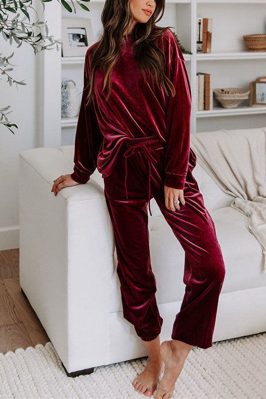 Red Solid Velvet Round Neck Top \u0026 Drawstring Pants Longe Set