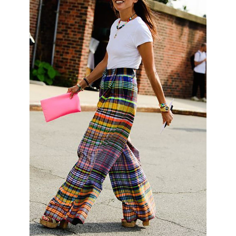 Loose Wide Leg Checkerboard Printed Casual Pants Bottoms Pants