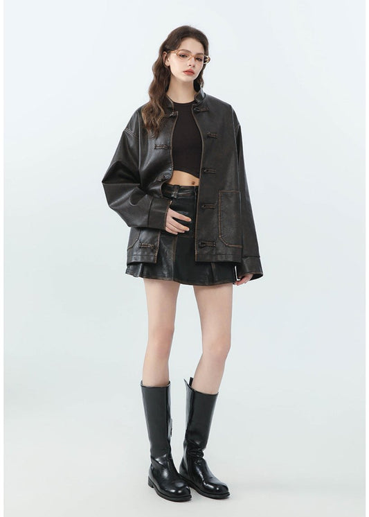 Loose PU Leather Jacket with Stand Collar