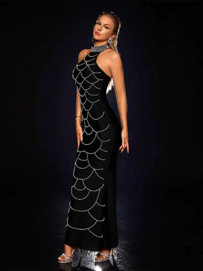 Aida Pearl Chain Web Bandage Maxi Dress