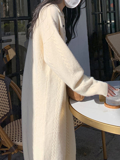 Long Sleeves Loose Buttoned Lapel Midi Dresses Sweater Dresses