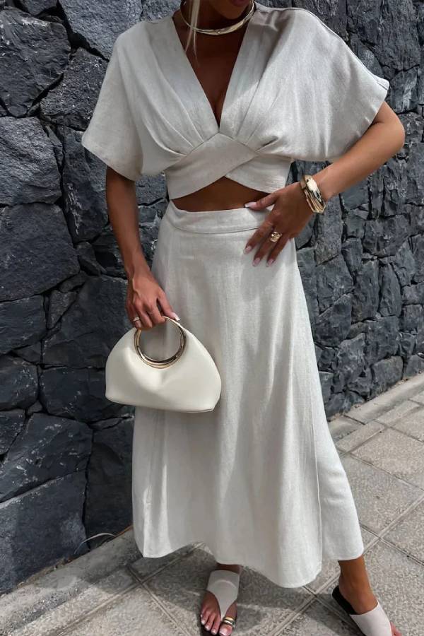 Casual Solid V-Neck Top \u0026 Skirt Two-Piece Set