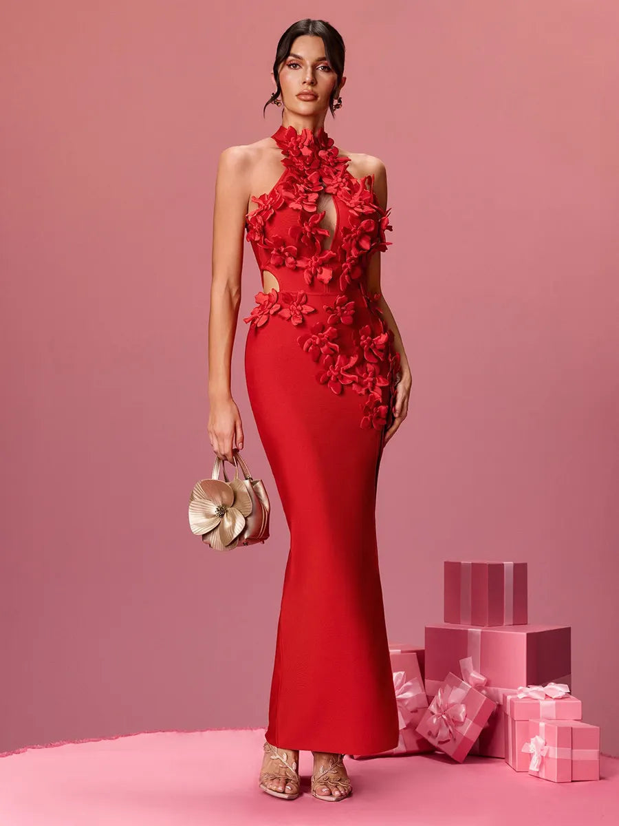 Clara Halterneck Flower Bandage Maxi Dress