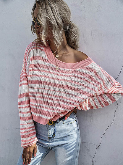Urban Contrast Color Striped Round-Neck Sweater