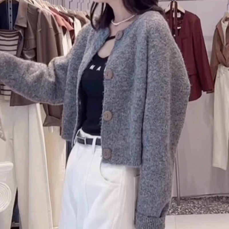 Solid Color Loose Short Round Neck Cardigan Sweater