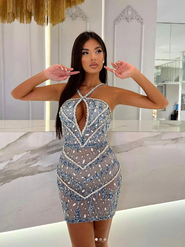 Halter Crystal Sequin Dress Blue