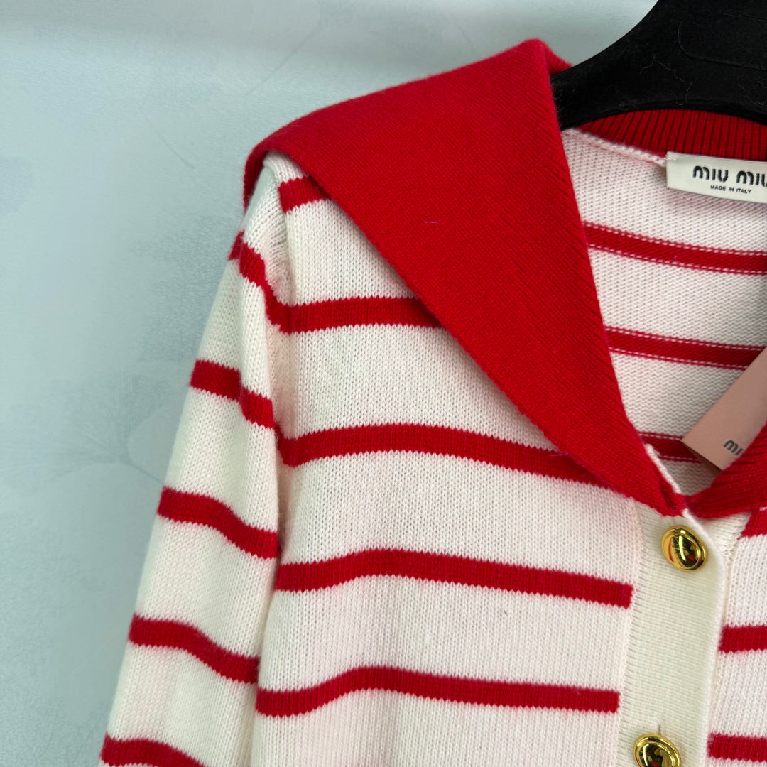 Miu 26s Striped Sailor Collar Knit Cardigan Wool 345083