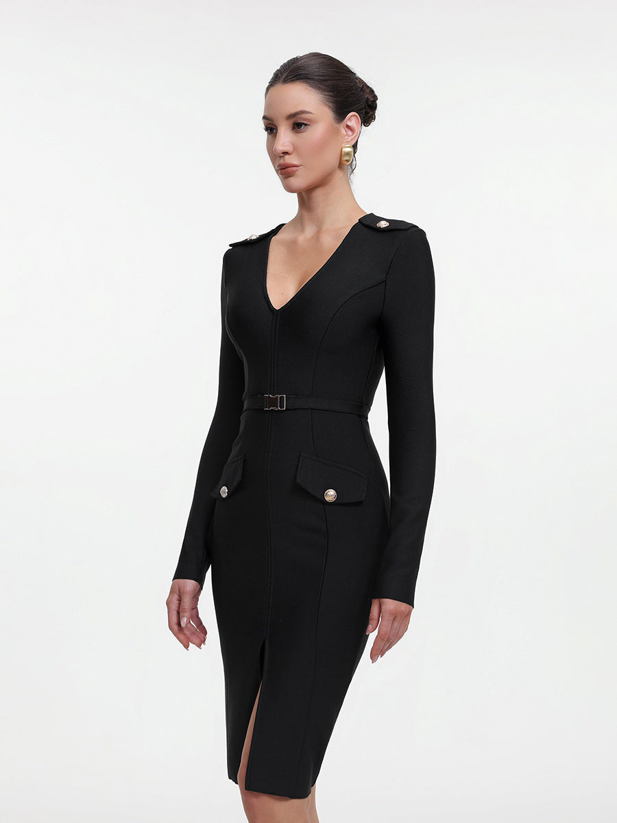 Malia Chic Contour Long Sleeve Bandage Midi Dress