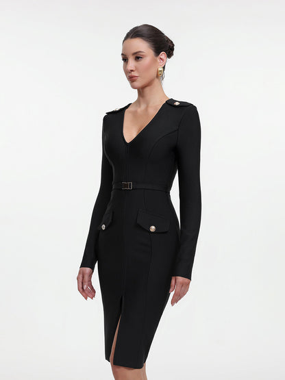 Malia Chic Contour Long Sleeve Bandage Midi Dress