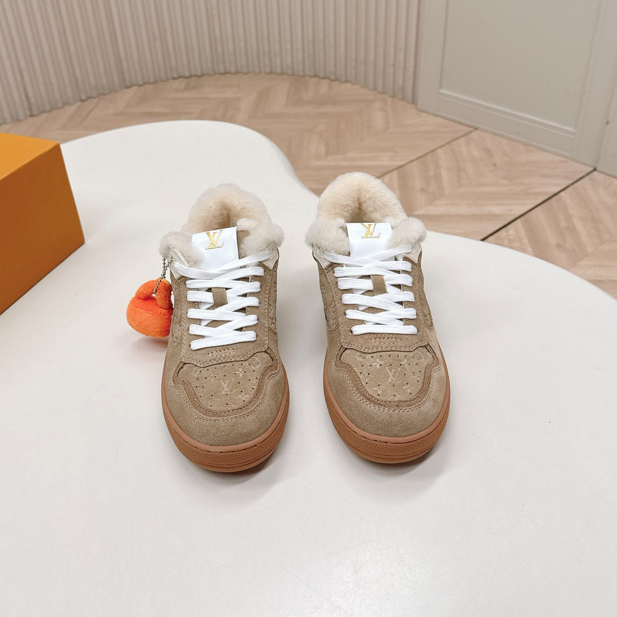 LV Stadium Sneaker White Brown Suede Wool 595425