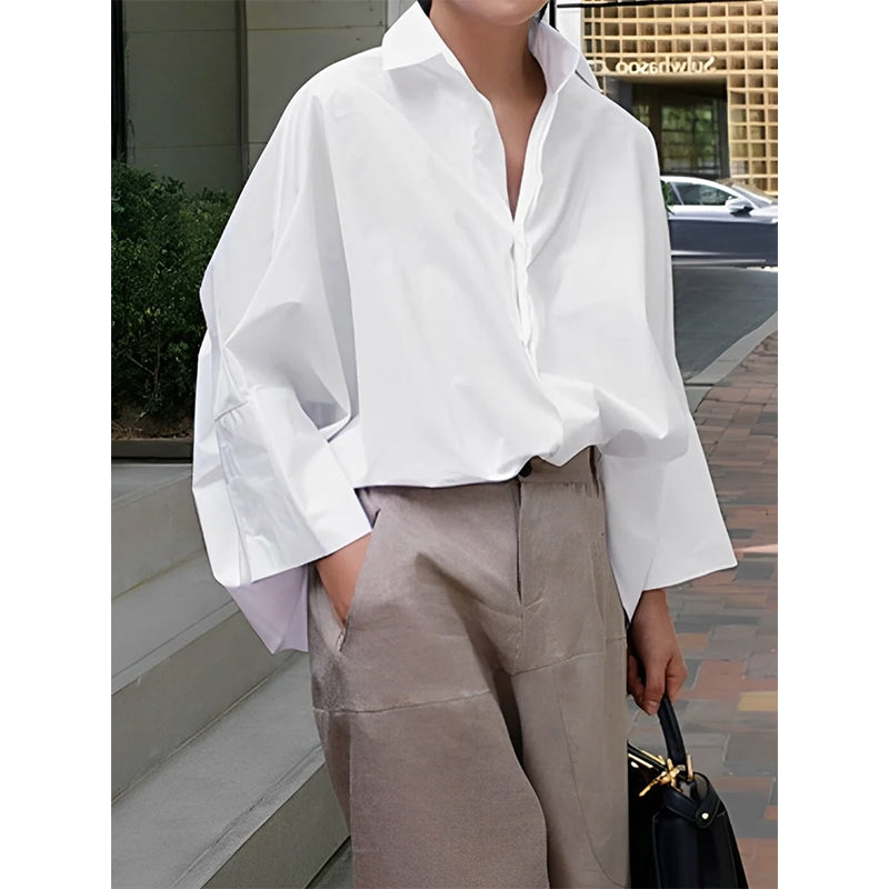 Long Sleeves Loose Solid Color Lapel Collar Blouses&Shirts Tops