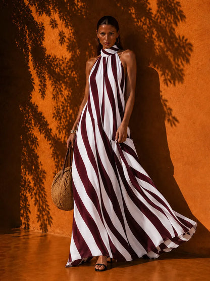 Evelynn Striped Halter-Neck Sleeveless Maxi Dress