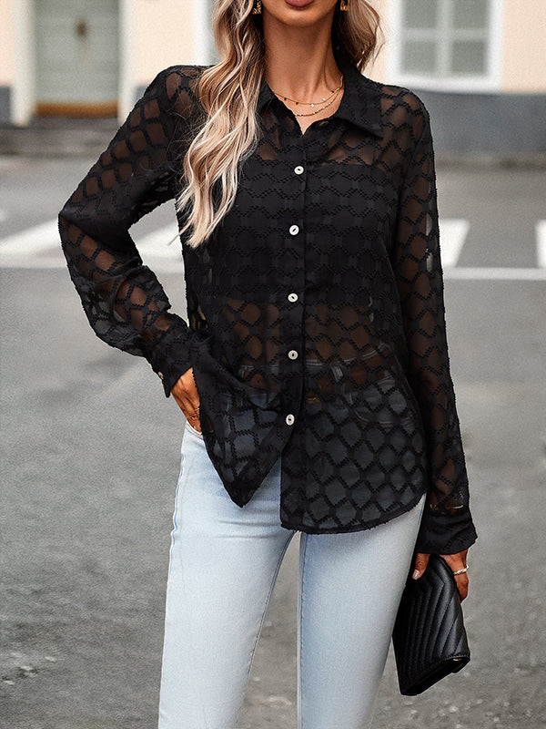Long Sleeves Loose Buttoned Mesh See-Through Lapel Blouses&Shirts Tops