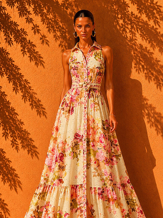 Hazel Elegant Retro Printed and Embroidered Maxi Dress