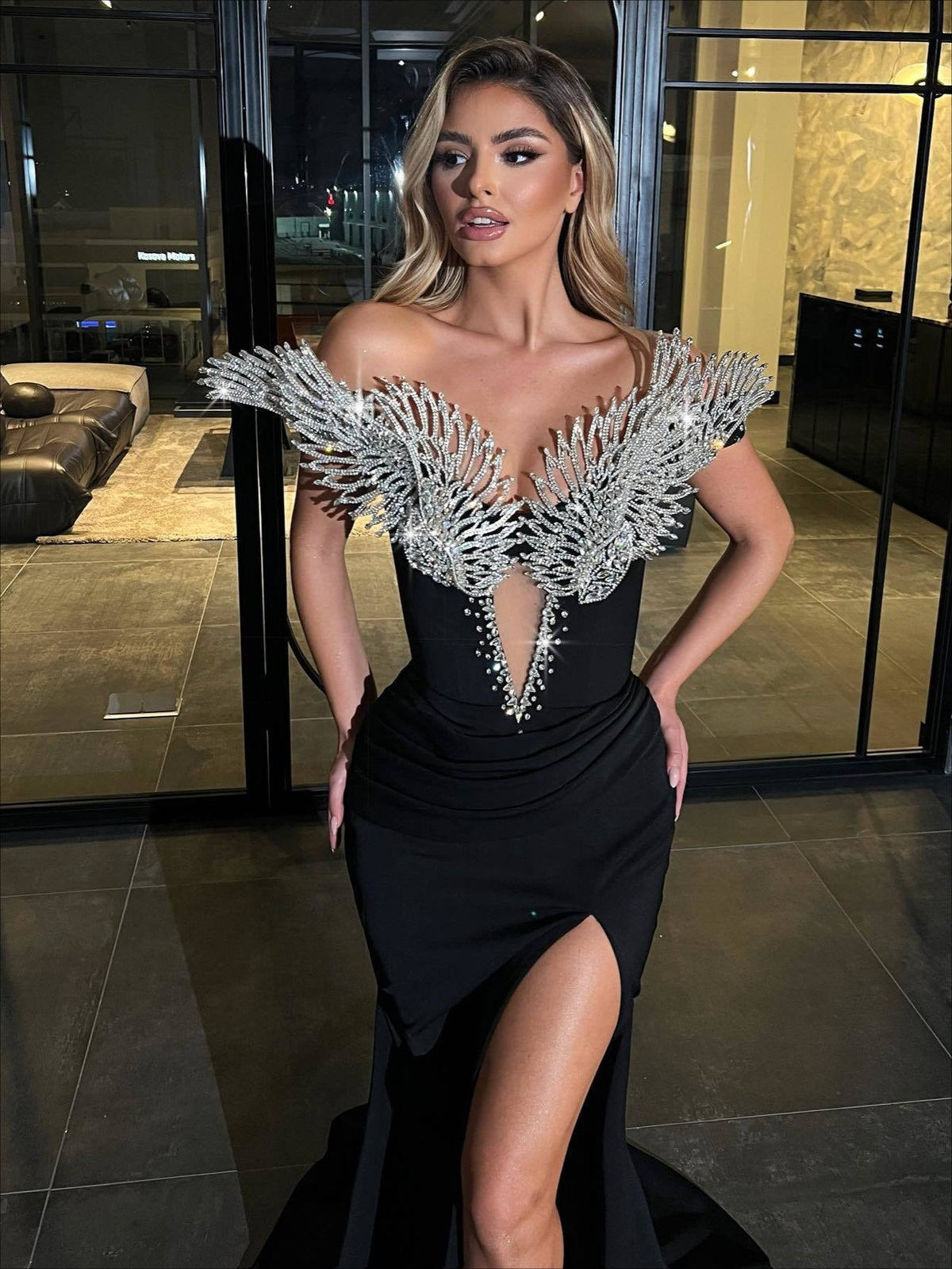 Strapless Crystal Wings Maxi Velvet Dress Black