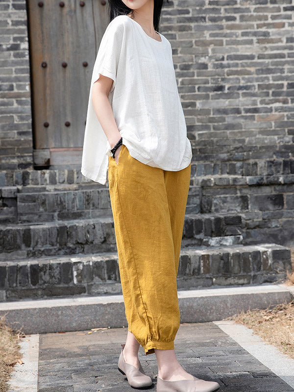Simple Linen Solid Color Elasticity Waist Loose Knickerbockers&Capri-Pants