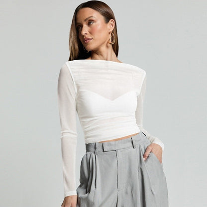 Mesh Ruffle Long Sleeve Tee