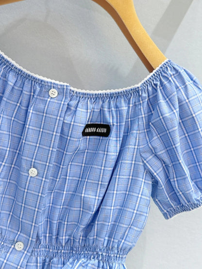 Miu Miu 2026 Plaid Top Blue Cotton