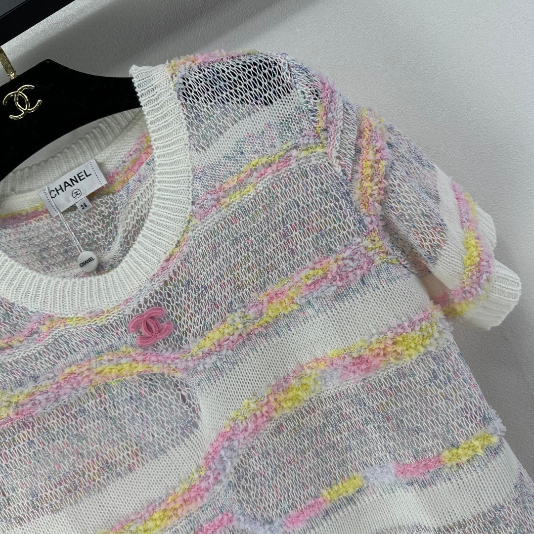 CC 26S Short-sleeve Knit Cream Multicolour Wool Nylon Cashmere 349002