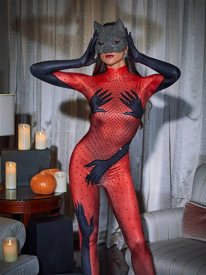 Esau Hands Printed Rhinestone Gloves Jumpsuit In Red