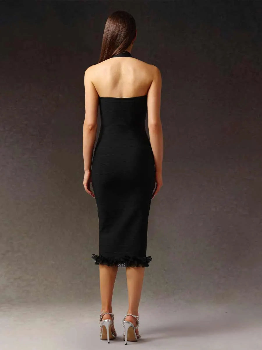 Calista Halter Sleeveless Lace Bandage Midi Dress