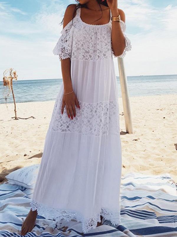 Spaghetti-Strap Lace Hollow Solid Beach Swimwear Maxi Dresses