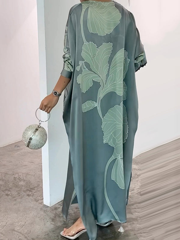 Long Sleeves Loose Buttoned Contrast Color Flower Print Leaves Print Muslim Split-Side V-Neck Evening Dresses Maxi Dresses Muslim Abaya