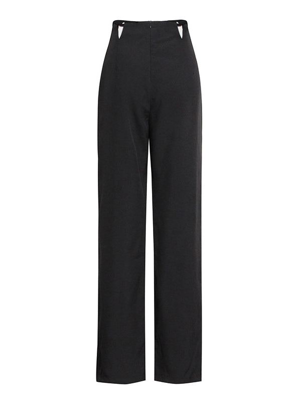 Stylish Weave Hollow Waisted Solid Color Wide Leg Pants