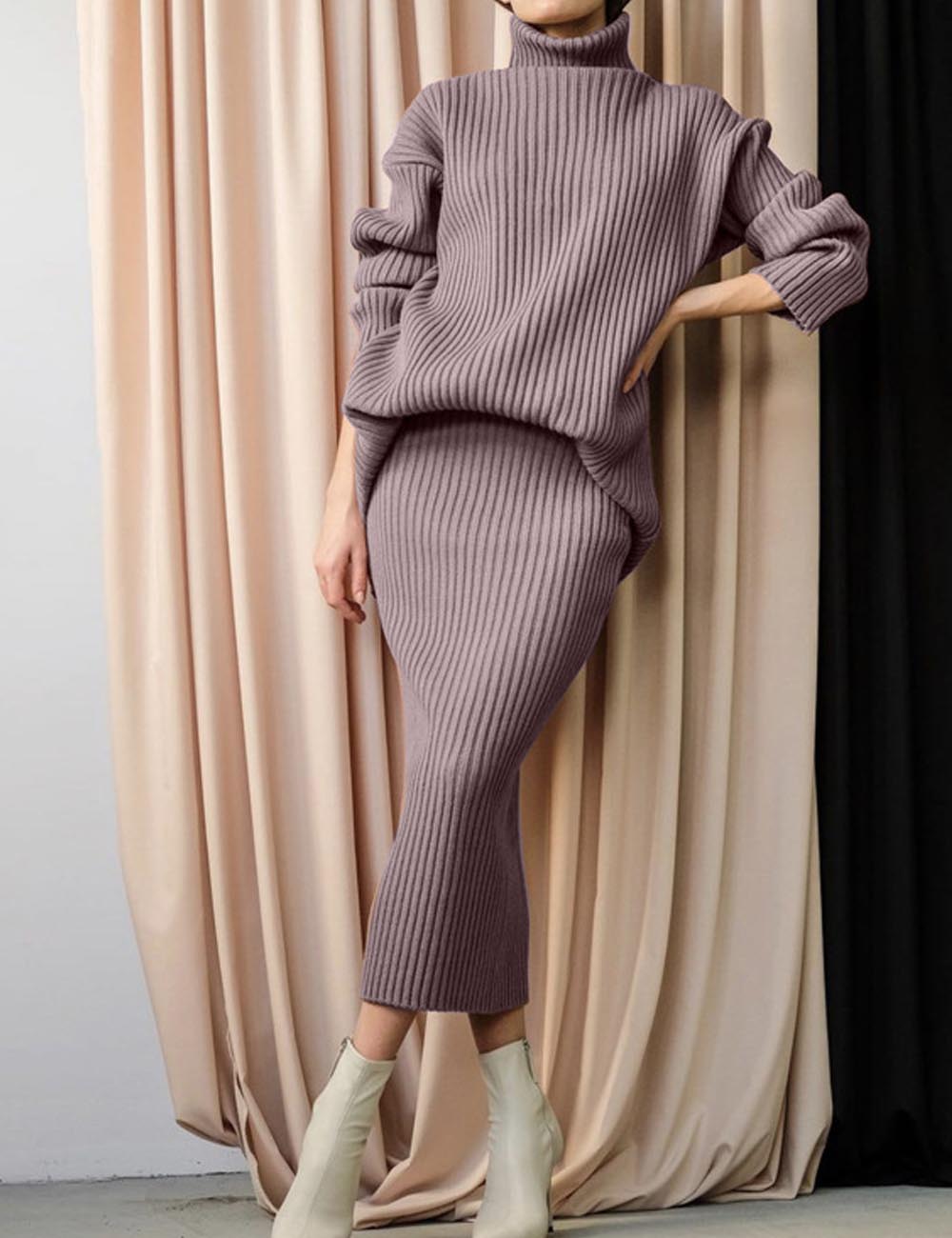 Ribbed Knit Turtleneck Sweater Midi Skirt Set