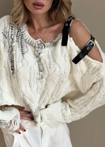 Asymmetrical Cable Knit Sweater With Buckle Details