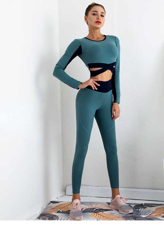 Outdoor Sports Fitness Suit Women'S Contrast Color High Waist Peach Hip Yoga Suit Two-Piece Set