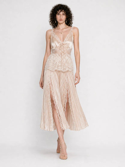 Zora Lace and Satin Panel Midi Dress