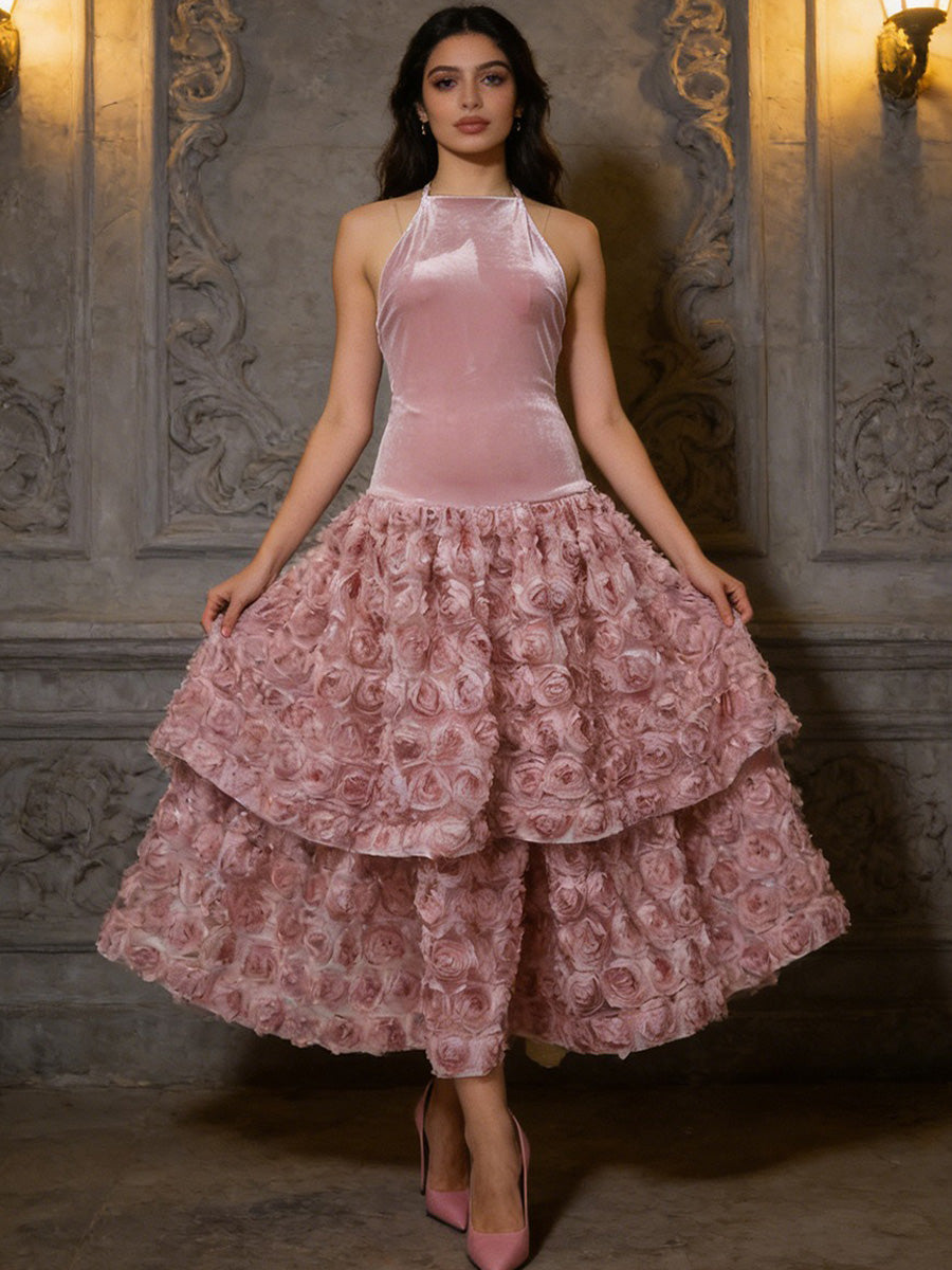 Thalia 3D Floral Backless Midi Dress