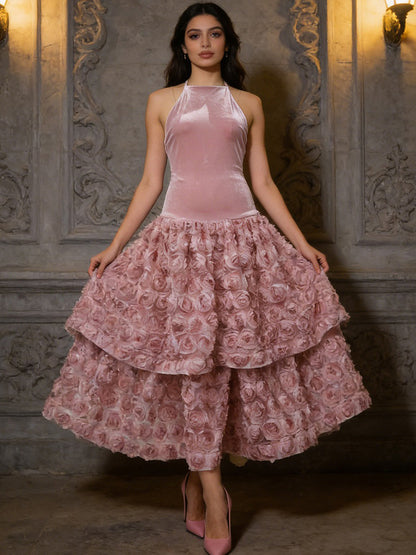Thalia 3D Floral Backless Midi Dress