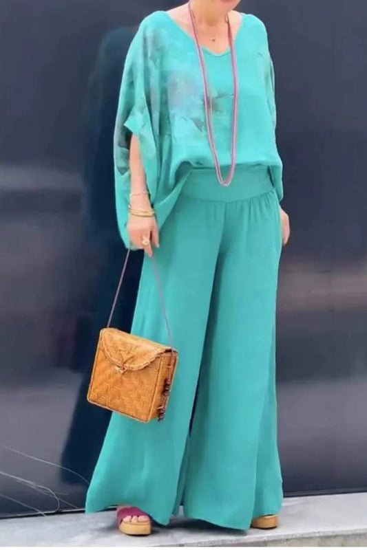 V-neck cotton and linen printed top and trousers casual suit