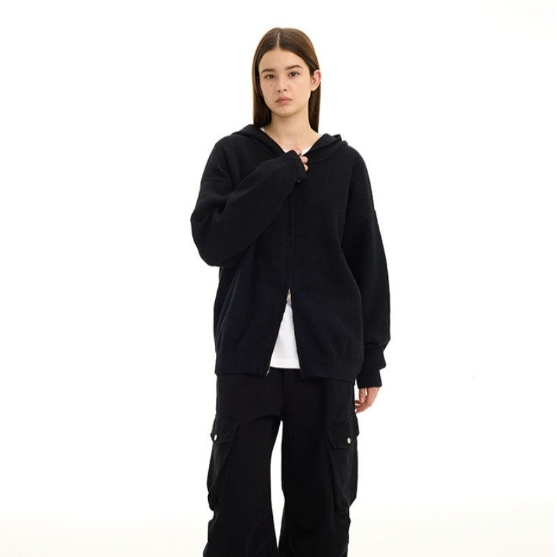 Solid Color Loose Zip Knit Sweater