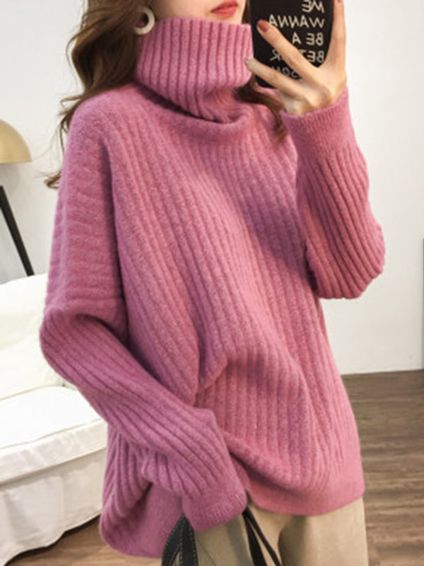 Casual Long Sleeves Loose Solid Color High-Neck Sweater Tops