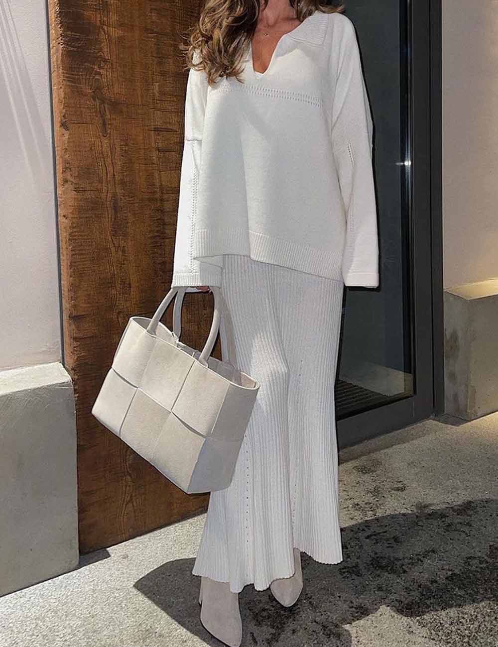 2 Pcs Trendy Knit V-Neck Sweater Maxi Skirt Set