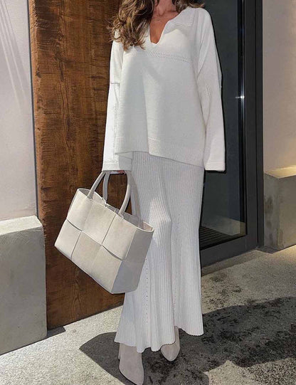 2 Pcs Trendy Knit V-Neck Sweater Maxi Skirt Set
