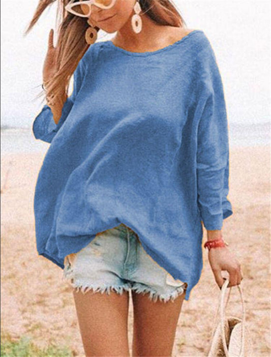 Crewneck Fashion Joker Loose Cotton Linen Shirt T-Shirt Women'S Clothing