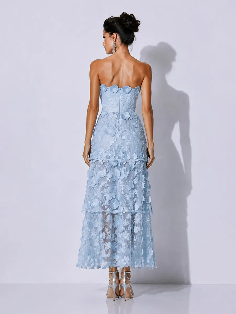 Gabriela Embroidered Appliqué Ruffled Strapless Midi Dress