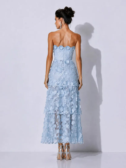 Gabriela Embroidered Appliqué Ruffled Strapless Midi Dress
