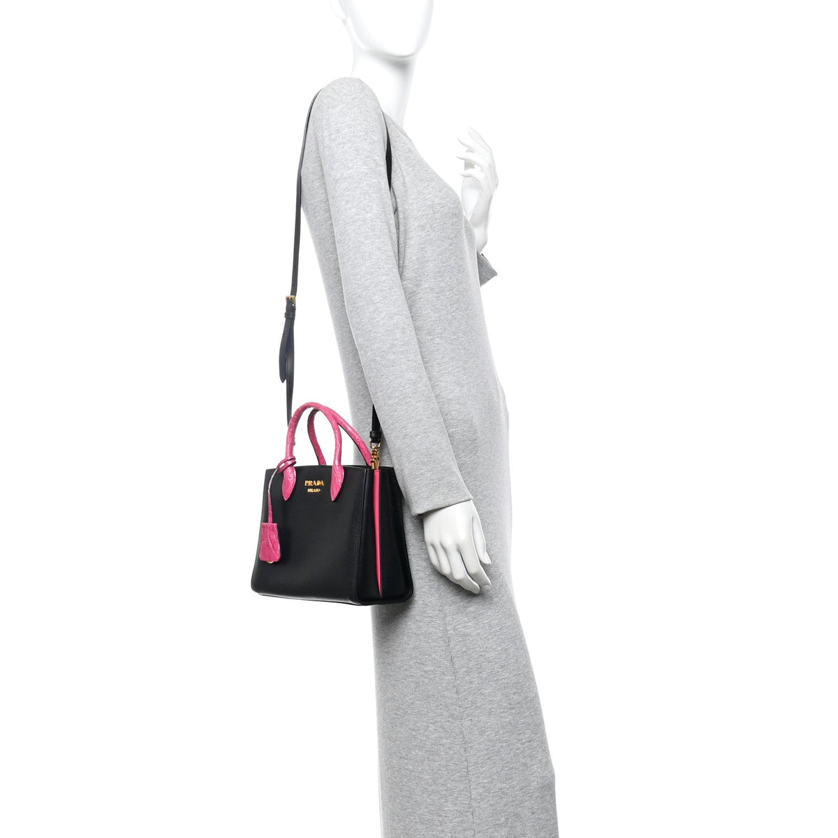 Saffiano Cuir Crocodile Mini Double Bag Black Magenta