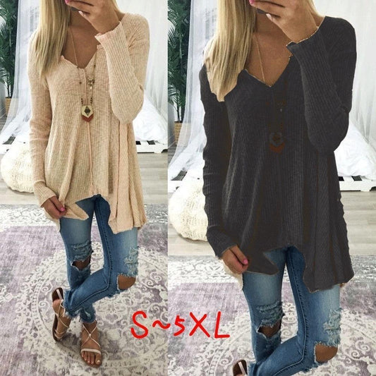 Pure Colour Pullover Sexy V-Collar Irregular Jacket