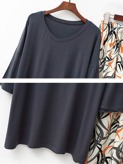 Casual Loose Seven-Quarter Sleeves V-Neck Shirts& Printed Pants Pajama Sets