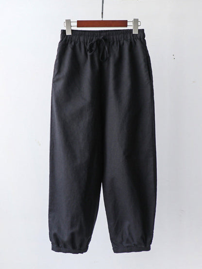 Simple Linen Solid Color Elasticity Waist Loose Knickerbockers&Capri-Pants