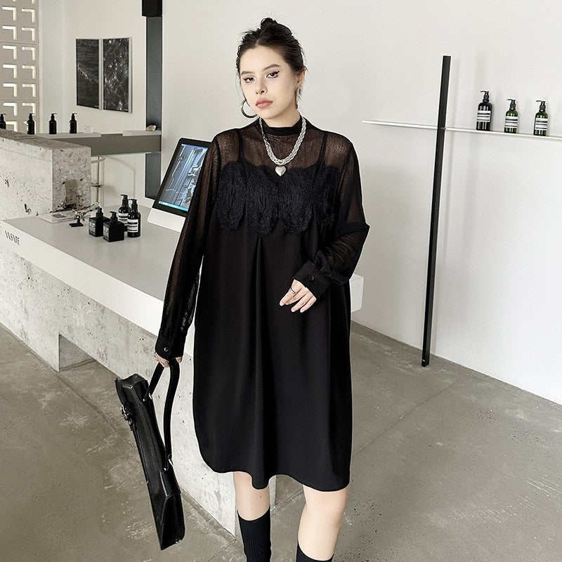 Hollow-Out Lace & Mesh Paneled Dress - Loose Fit, Luxury Feel, Elegant Mid-Length Dress For Women