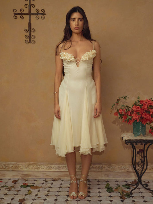 Sienna 3D Floral Chiffon Midi Dress In Butter