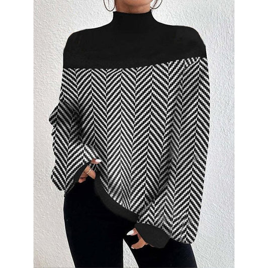 Long Sleeves Loose Split-Joint Striped High Neck Knitwear Pullovers Sweater Sweater Tops